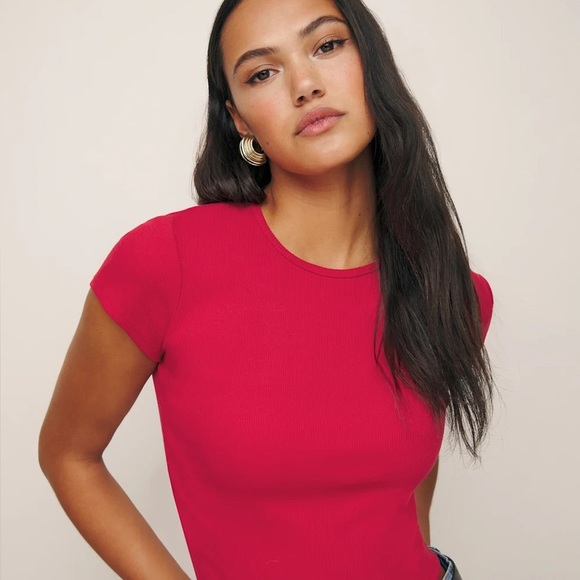 Reformation red cotton ribbed Muse cropped short sleeve tee shirt - Large - Picture 2 of 6